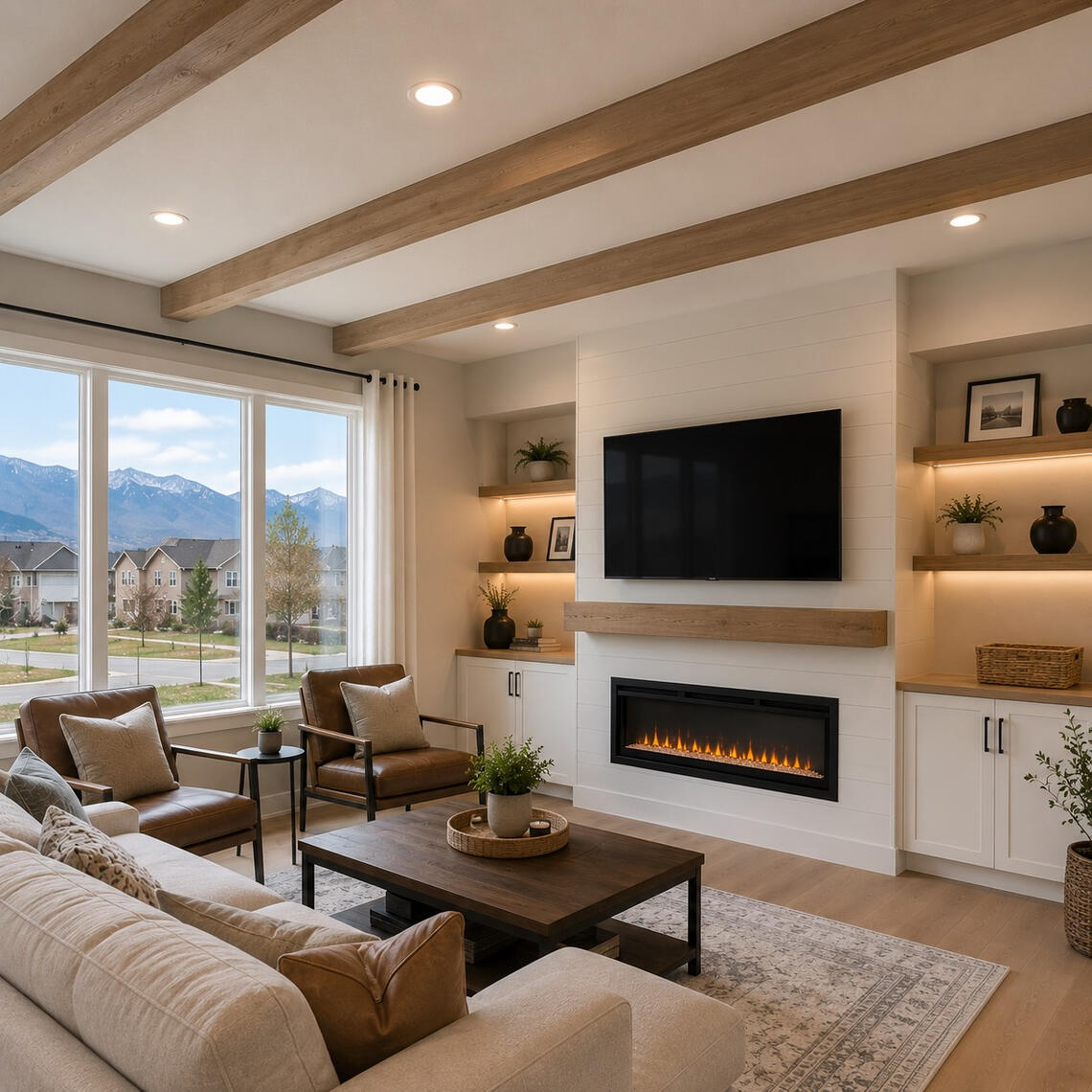 Living room with decorative wood ceiling beams and fireplace feature wall in Scottsdale Living room with decorative wood ceiling beams and fireplace feature wall in Scottsdale