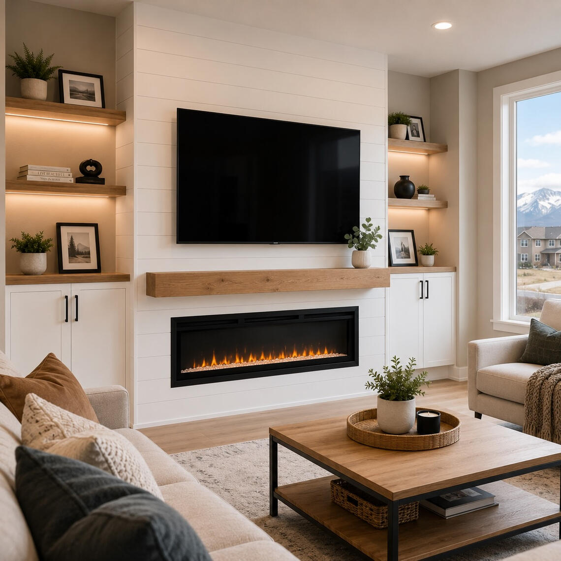White fireplace media wall with floating wood mantel and mounted TV in a Scottsdale home White fireplace media wall with floating wood mantel and mounted TV in a Scottsdale home