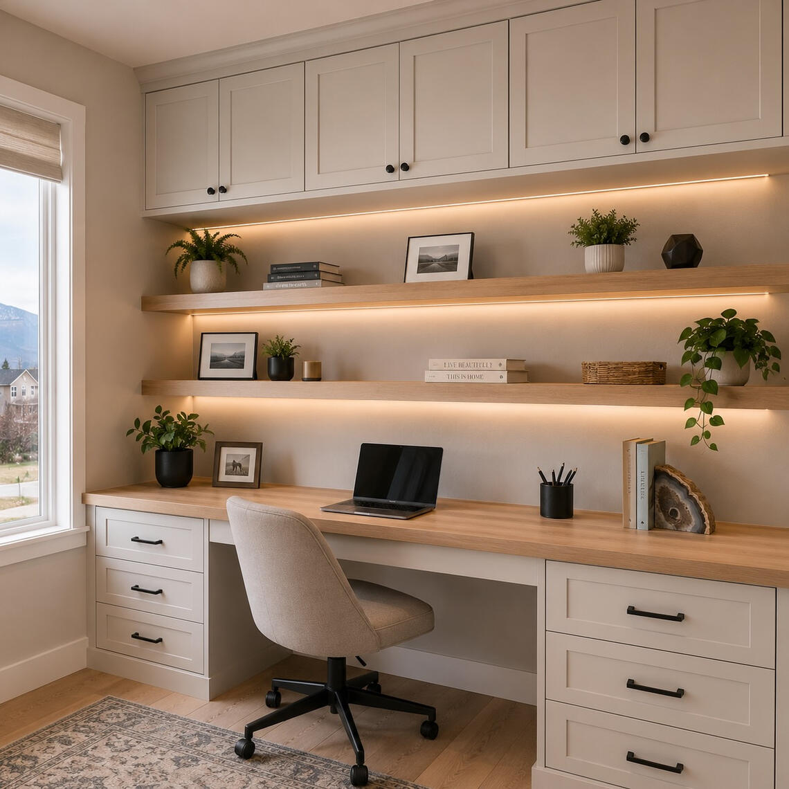 Modern home office with custom built-in cabinets and floating shelves in Phoenix Modern home office with custom built-in cabinets and floating shelves in Phoenix