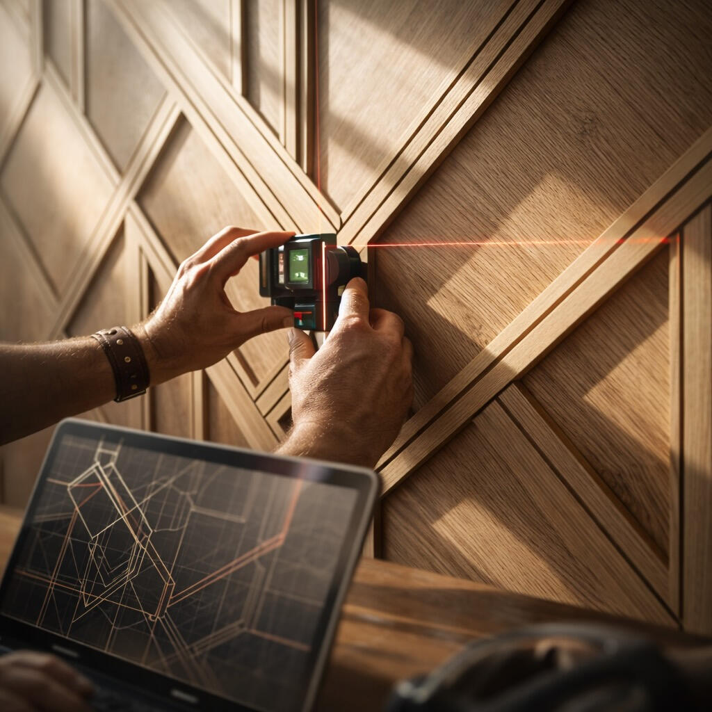 Carpenter aligning trim with laser level on accent wall Charlotte NC