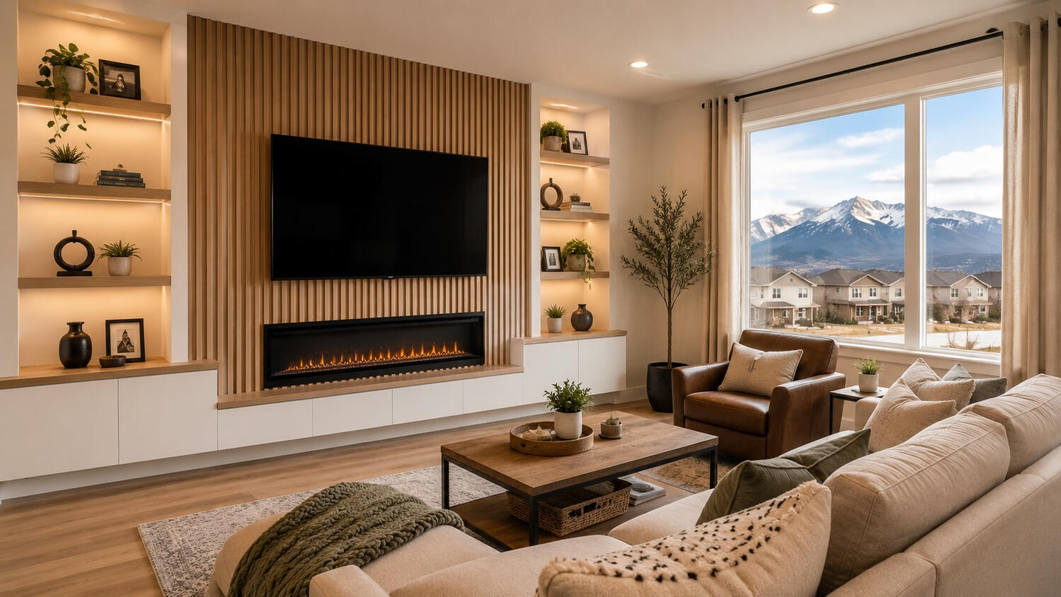 Modern living room with custom TV media wall, linear fireplace, and contemporary Arizona design in Phoenix Modern living room with custom TV media wall, linear fireplace, and contemporary Arizona design in Phoenix