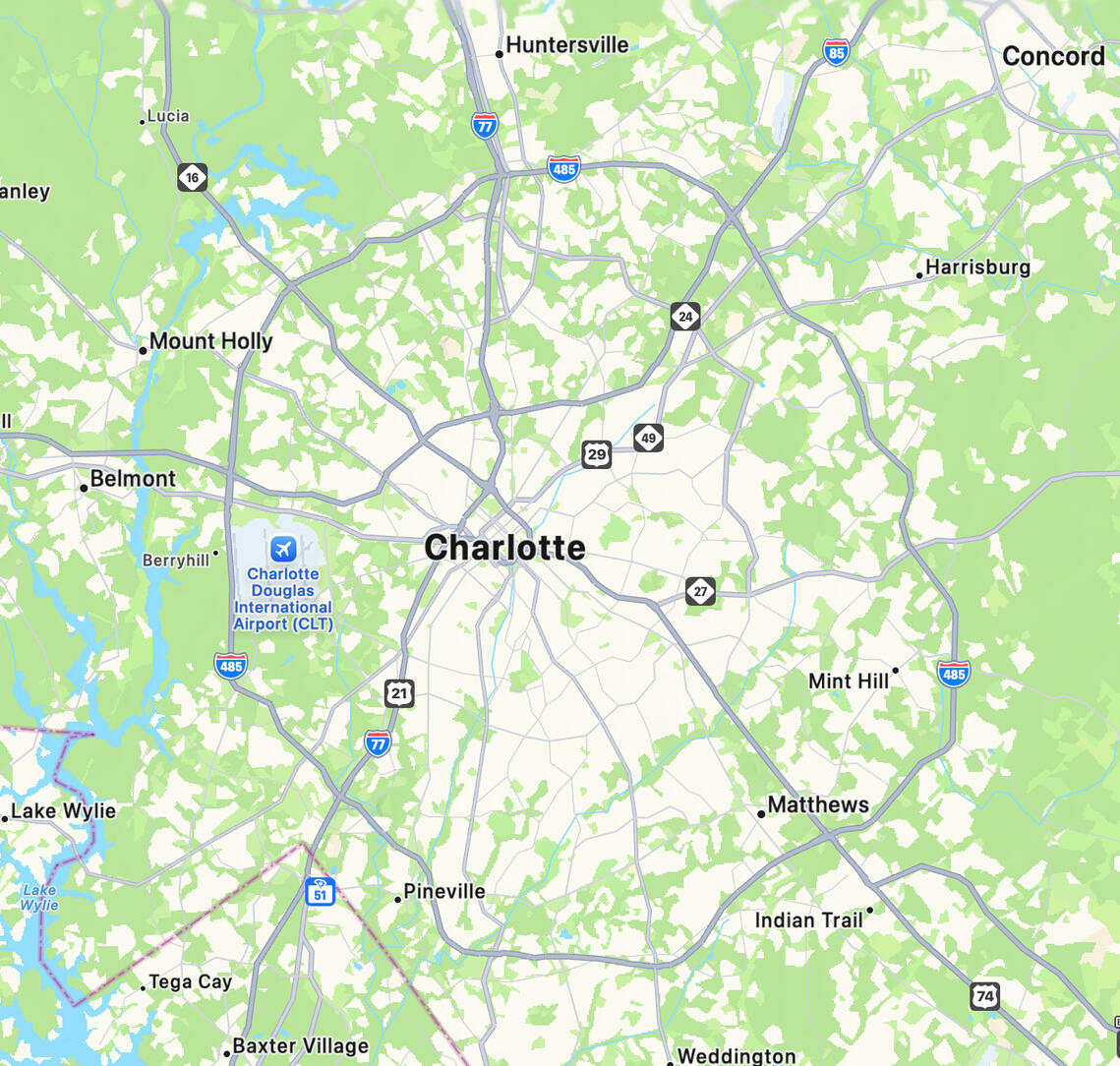 Map showing Accent Walls Charlotte service coverage